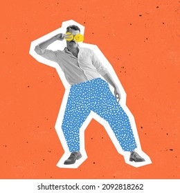 Funny dude. Young man, hipster dressed in 70s, 80s fashion style dancing rock-and-roll on bright background with drawings. Contemporary art collage. Minimalism. Art, fashion and music. Magazine style - Shutterstock ID 2092818262