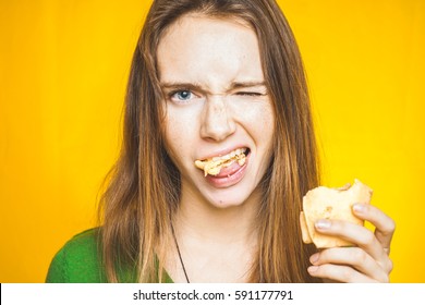 Funny Eating Woman With Full Mouth Of Food