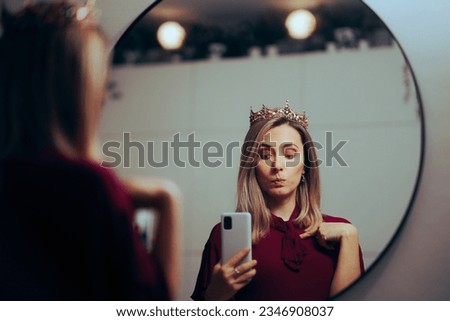 
Funny Egocentric Lady Taking Selfish in the Mirror. Narcissistic queen feeling in love with herself 
