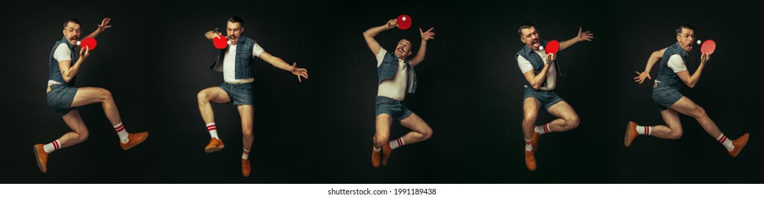 Funny emotions. Young caucasian man playing tennis isolated on black studio background in retro style, action and motion concept. Fit sportsman practicing. Copyspace for ad. Fashionable collage.