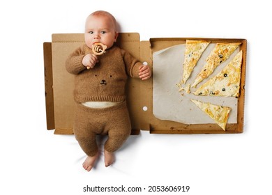 Funny every month baby with pizza, traditional photo