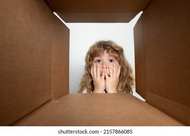 Funny Excited Child Boy Is Opening Gift And Looking Inside Cardboard Box. Parcels And Delivery.