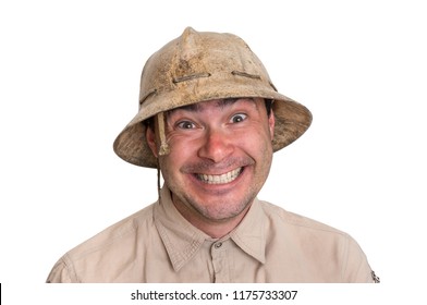 Funny Explorer Man With Helmet Isolated On White Background