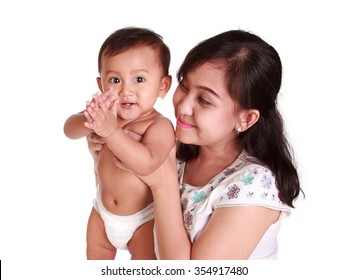 Funny Expressions Of Baby And Mom, Isolated On White Background