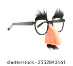 Funny eyeglasses with fake nose, mustache and eyebrows isolated on white