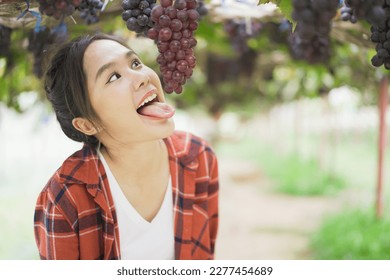 Funny face of Asian woman stick out tongue against a vine grape and grapes fruit.