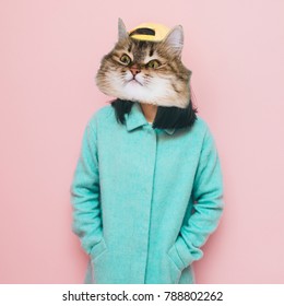 Funny Face Of Cat's Head With Human Body In Blue Coat. Fashion Contemporary Art Collage.