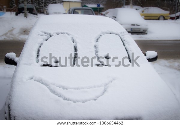  funny face\
on snow covered cars, winter\
fun