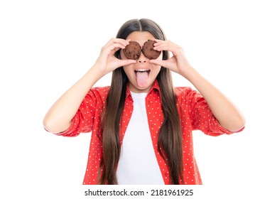 Funny Face. Teen Girl Eating Cookies, Happy Childhood, Food, Sweets And Bakery Concept.