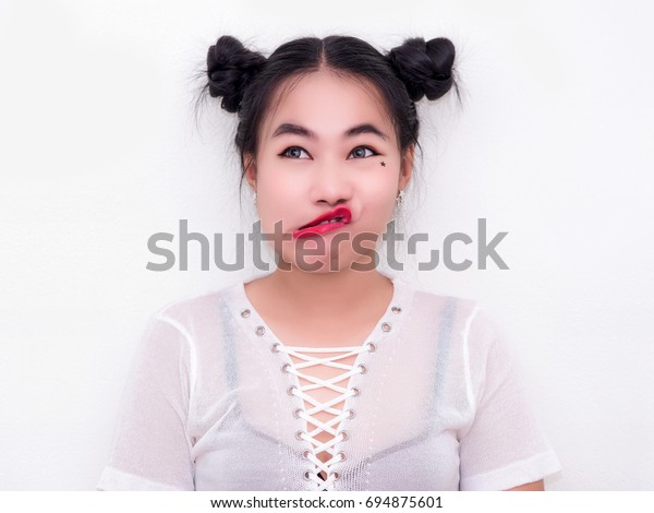 Funny Face Young Woman Double Bun Stock Photo Edit Now 694875601