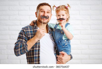 Funny Family Father And Child Daughter With A Mustache