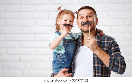 Funny Family Father And Child Daughter With A Mustache