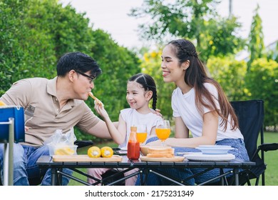 Funny Family Outdoor Party Leisure Activity Parents With Child Cute Lovely Happy Smile At Backyard.