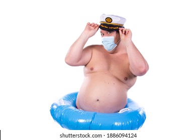 Funny fat guy and vacation. Happy man with an inflatable ring. White background.