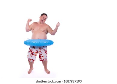 Funny fat guy and vacation. Happy man with an inflatable ring. White background.