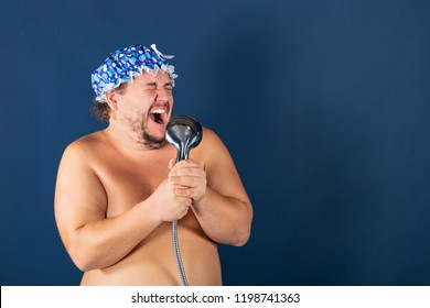 Funny Fat Man In Blue Cap Sing In The Shower. Fun And Cleanliness