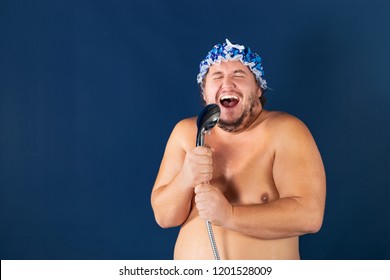 Funny Fat Man In Blue Cap Sing In The Shower