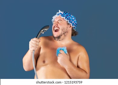 Funny Fat Man In Blue Cap Sing In The Shower