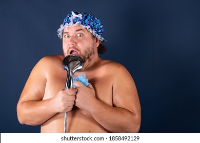 Funny Fat Man In Blue Cap Sing In The Shower