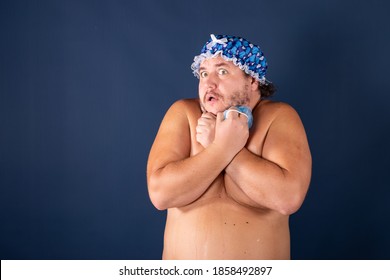 Funny Fat Man In Blue Cap Sing In The Shower