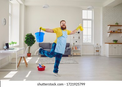 Funny Fat Man Cleaning Gloves Is Cleaning In The Room.