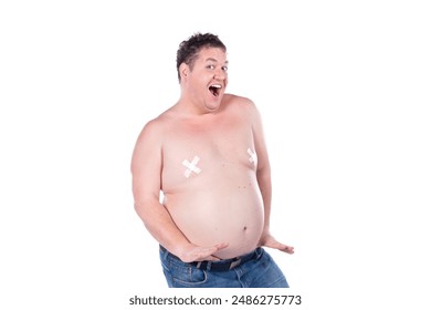 Funny fat man dancing striptease. White background.