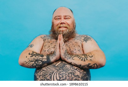 Funny Fat Man Doing Yoga Meditation, Funny And Ironic Character