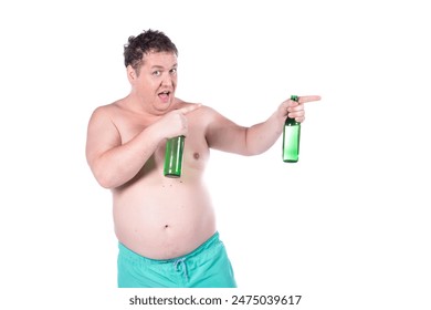 Funny fat man drinks beer and dreams of vacation. White background. - Powered by Shutterstock