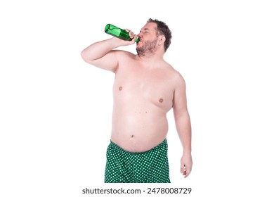 Funny fat man drinks beer. White background. - Powered by Shutterstock