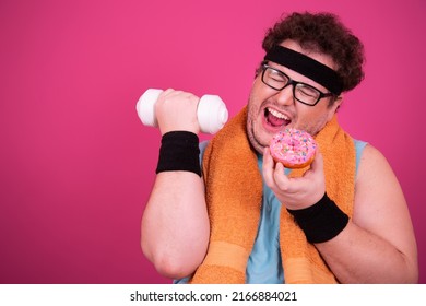 Funny Fat Man Eats Donuts. Retro Style. Food And Fitness.	