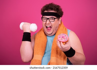 Funny fat man eats donuts. Retro style. Food and fitness.	