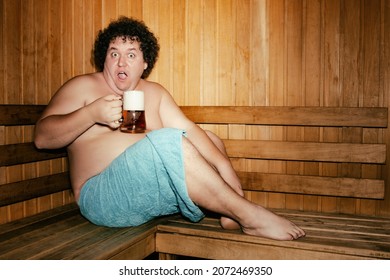 Funny Fat Man Is Relaxing In The Sauna.