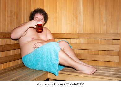 Funny Fat Man Is Relaxing In The Sauna.