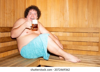 Funny Fat Man Is Relaxing In The Sauna.