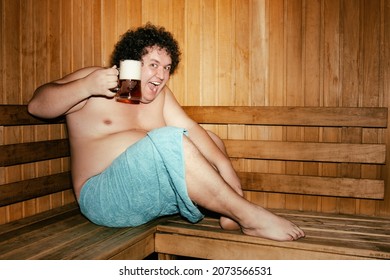 Funny Fat Man Is Relaxing In The Sauna.