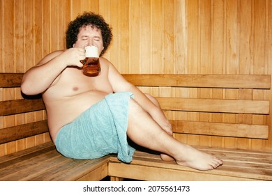 Funny Fat Man Is Relaxing In The Sauna.