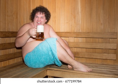 Funny Fat Man In A Sauna With A Beer. 