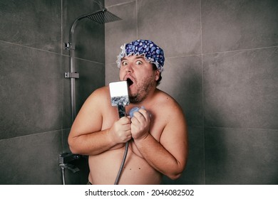 Funny Fat Man Washes In The Shower.