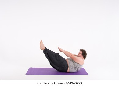 Funny Fat Man And Yoga.