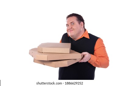 Funny fat pizza delivery man. Happy man and and fast food. White background.