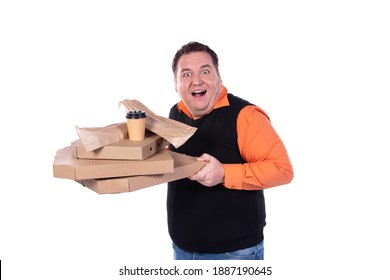 Funny fat pizza delivery man. Happy man and and fast food. White background.