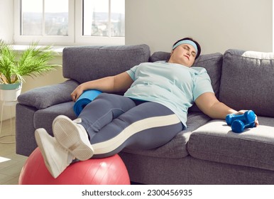 Funny fat woman sleeping on couch instead of having active fitness workout with sports equipment. Lazy plump overweight girl sleeping on sofa with fit ball and dumbbells. Lack of motivation concept