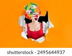 Funny female clown  looking through the ripped paper hole, woman entertainer dressed as a colorful Joker in a suit and wig, with clown whiteface makeup. Trickster, jester, pantomime, mime