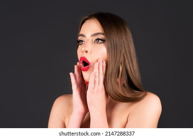 Funny female shocked face expression. Unbelievable. Portrait of excited woman spreading hands. Expressing surprise open mouth.