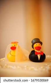 Funny Figure Ducks On Top Wedding Cake, Topper , Animals Figurines Of The Bride And Groom As Cake Topper On A Wedding Cake, Topper Animals