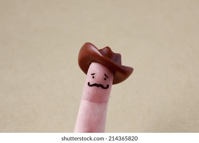 Funny Finger People Cowboy With Mustache Drawing On Finger And Cowboy Hat