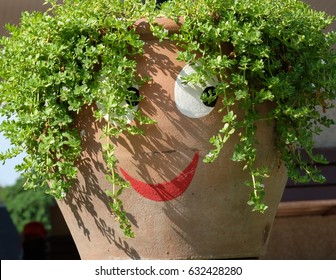 Funny  Flower Pot Paint Girl Smile Face Woman With Creeping Clover Like Curly Hair.