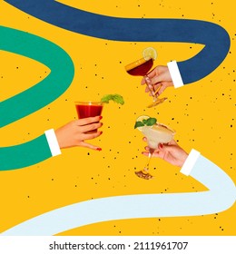 Funny friends meeting. Contemporary art collage with hands holding cocktail glasses isolated on yellow background. Stretching long drawn arms. Concept of festival, taste, fashion, art, creativity - Powered by Shutterstock