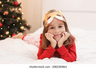 Funny Girl With Beautiful Brown Eyes In A Cardboard Mask In The Form Of A Tiger Is Playing At Home