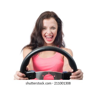 Funny girl with car wheel isolated on white background
